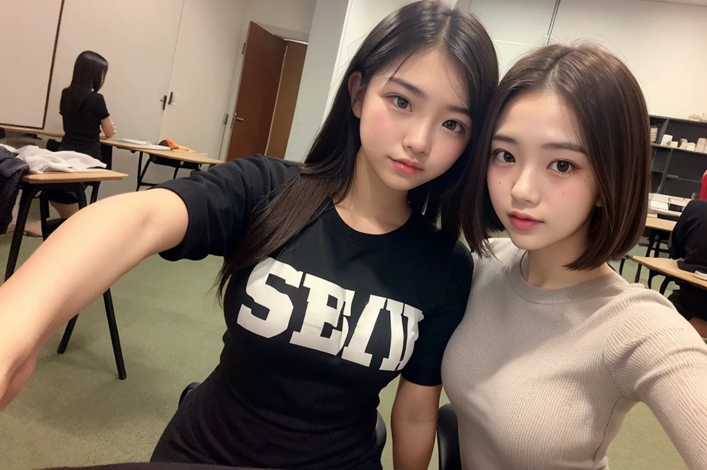 Indonesian girl -yeld Hstyle Casual, F Cup Breasts wearing crewneck dress and selfie with her friend at class