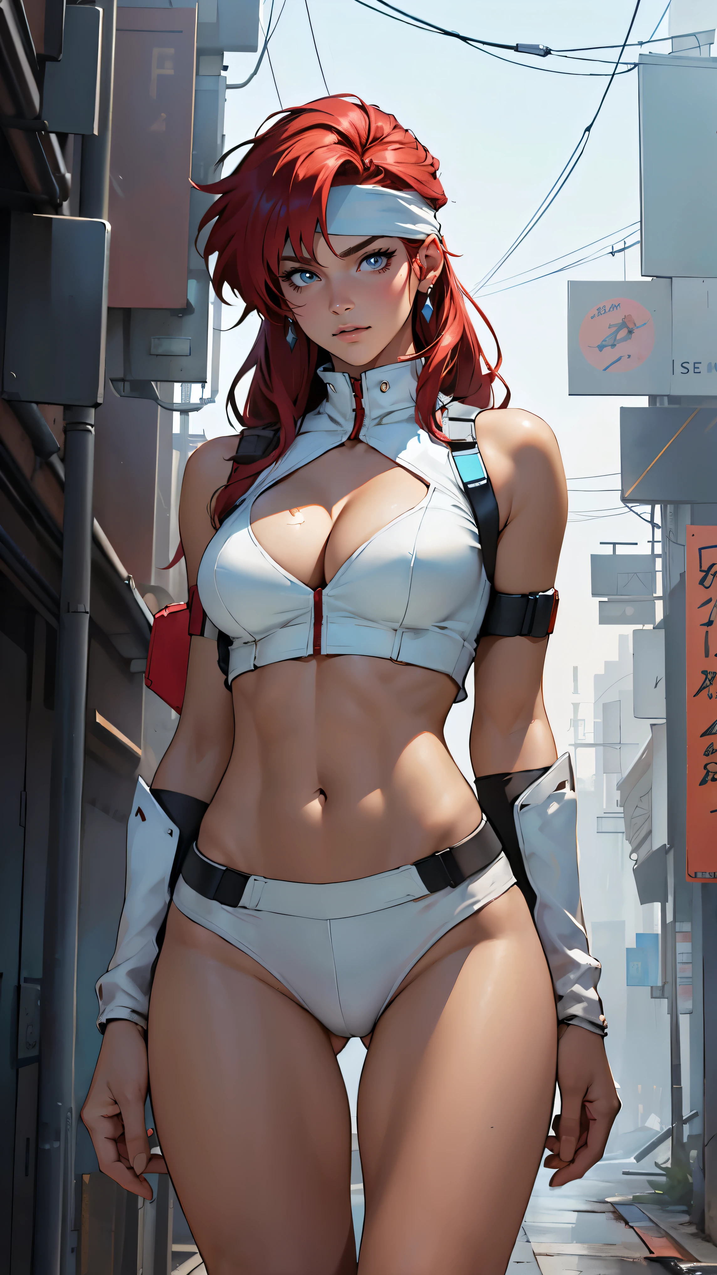 ((Masterpiece, highest quality; 1.3)), super quality, beautiful detail, super detailed, extra fine, 16K, exquisite, absurd, high resolution, beautiful background, detailed background, beautiful eyes, beautiful skin, anime style, Kay from Dirty Pair in a white outfit, tight outfit, cleavage, bushy redhead beauty, very light blue uniform, wearing tight clothes, skimpy, (mid chest: 1.2), cleavage, cleavage, slim waist , thin waist, slim thighs, thin legs, slim legs. thigh gap, showing stomach, skinny, thin hips, cyberpunk city background, holding retro space gun , headband, 