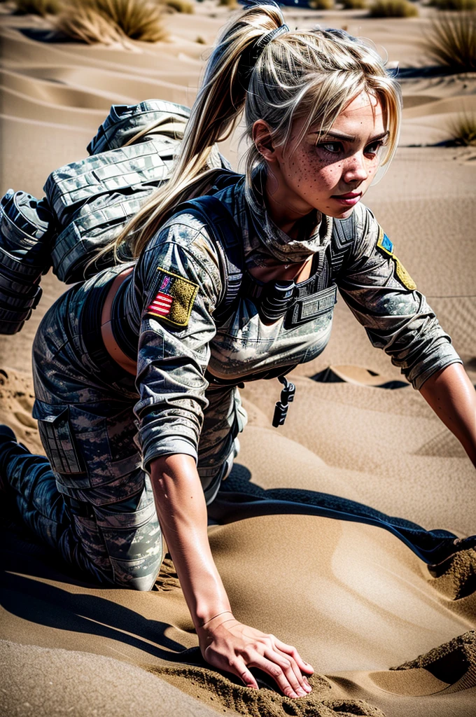 1 girl, military camo outfit, sand, blonde hair, ponytail, brown eyes, female waist, solo, freckles, round breast, full body