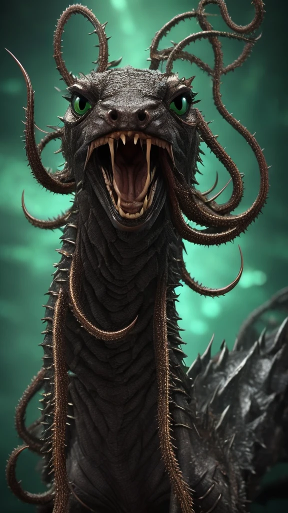 Imagine a gigantic creature, approximately 3 meters tall. Their skin is thick and scaly, of a dark greenish tone, quase negro, reflecting an opaque light that gives a wet, slimy appearance. His eyes are large and yellow, with vertical pupils like those of a reptile. It has a wide mouth full of sharp, jagged teeth, exhaling fetid breath. Your hands have long, sharp claws, with fingers that look more like tentacles. Its legs are muscular and end in feet that look like a mix of feline paws and hooves.. in back, there is a series of spines that run from the neck to the tail, which is long and ends in a sharp point. His roar is deep and reverberates like thunder, capable of freezing anyone with fear.