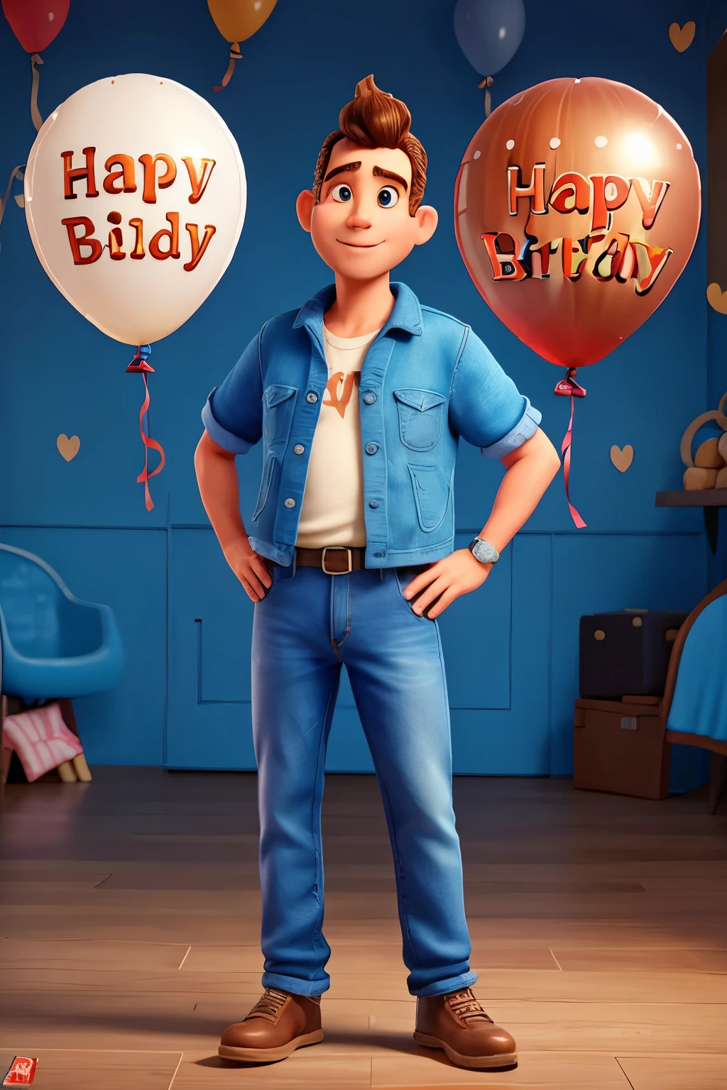 50 year old man short curly hair big ears blue jeans balloons saying happy birthday