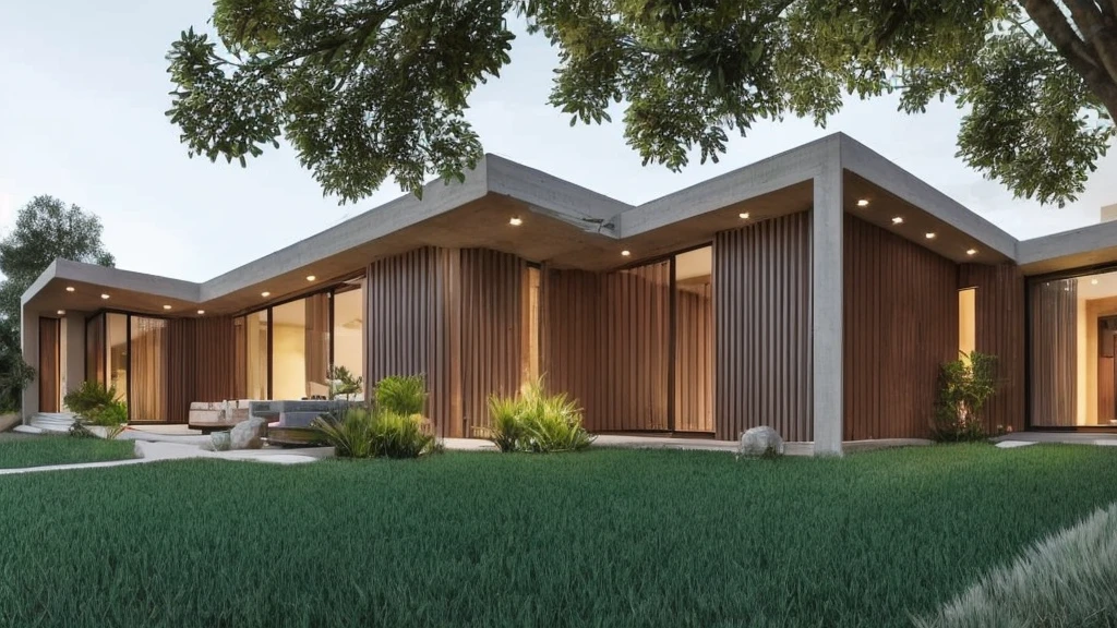 Serra wooden house,Light Green,Mix cement,Single layer,luxurious, long, Looks like the letter L, curved,It looks like a room.,medium sized back,Block some rooms,beautiful,On the dark green grass,Shady atmosphere,In the middle of a green rice field,Daytime,Photo taken from an angle of 45