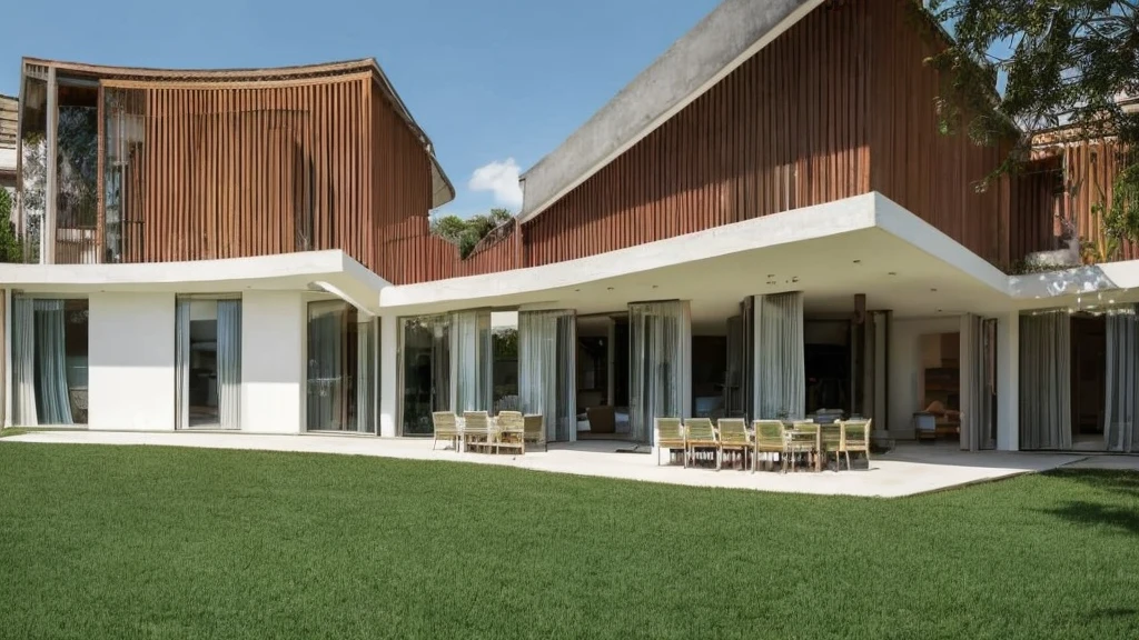 Serra wooden house,Light Green,Mix cement,Single layer,luxurious, long, Looks like the letter L, curved,It looks like a room.,medium sized back,Block some rooms,beautiful,On the dark green grass,Shady atmosphere,In the middle of a green rice field,Daytime,Photo taken from an angle of 45