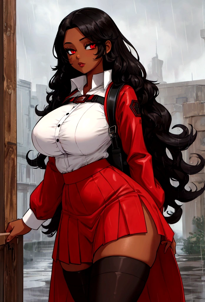 Girl with very long curly black hair, red eyes, BROWN SKIN , big breasts, thin waist,  big hips, white blouse, thigh-high red skirt, tights and light black, black backpack, tomorrow with rain. 