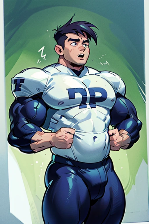 Danny Phantom and Dash Baxter, football field, ghost, hypnosis, jock, conversion, locker room hallway, hyper muscles, jockstrap, bro, meathead, hypnotized, brainwashed, brainwashing, big dumb jock, football. Glowing blue eyes. Hyper crotch bulge. Massive bulging crotch. Big balls. Big biceps. Big triceps. Big traps. Broad shoulders. Big meaty pecs. Big thighs. Thick glutes. Hyper muscles. crew cut. Football team assimilation. Well endowed. Clothes turning into Casper High School football uniform. Football shoulder pads. Chest plate. Football jersey. Football pants. Danny Fenton looks shocked and gradually transitions to a dull vapid expression instead as his eyes glow. Fellow football players lay gloved hands on his shoulder pads. "Gah! What happened to me? I look like a—! Like a ... BIG ... DUMB ... JOCK...." Open mouth. Blank stare. Touching a swollen crotch. digital painting. Very detailed. Vapid stare. Dumber and dumber. Brain drain. Dash Baxter smirks and says, "That's because that is what you are now, Fenton. You're gonna be just like us. And you're gonna love every minute of it." Danny replies, "Love ... being ... a jock.... Big ... dumb ... studly ... football jock.... Must protect the Quarterback.... Fucking dumb jock.... Must ... protect ... Dash...." Dash Baxter smirks. "That's right, Fenton. The lineman protects the quarterback. You're MY lineman now. So fall in, Fenton, like a good fucking dumb jock." Danny replies, "Yes, Dash. Falling in.... Your jock .... Must ... obey.... I ... must obey...."