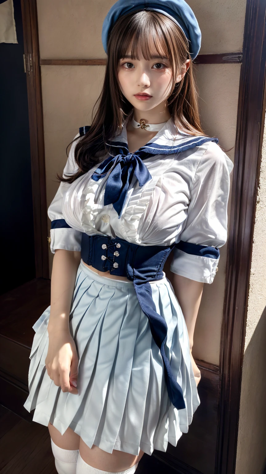 (absurdres:1.3), (highres:1.3), (ultra detailed:1.3),(1girl:1.3), (extremely detailed CG unity 8k wallpaper:1.3), (detailed skin texture, detailed cloth texture, detailed hair texture), (beautiful detailed face, supermodel, pale skin, realistic glistening skin), (RAW photo, best quality), (realistic, photo-realistic:1.4), masterpiece, extremely delicate and beautiful,Amazing, finely detail, extremely detailed CG unity 8k wallpaper, huge filesize, ultra-detailed, highres, absurdres, soft light,rim light, vibrant details, hotel room, straight hair, large breasts, black hair color, Big Natural Color Lip, (perfect body shape), beautiful legs, (white (skirt, pleated skirt):1.5), (white beret with light-blue ribbon:1.4), (blue sailor collar:1.4), (white shirt:1.4), (double-breasted on deep-blue waist cincher:1.3), (short bishop-sleeve:1.3), (light-blue ribbon:1.3), ((white socks, loafers):1.2), crying a little、Harajuku style、20 year old girl、cute type、lolita、