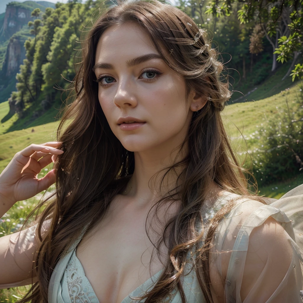 a beautiful goddess, intricate detailed face, porcelain skin, flowing hair, long eyelashes, delicate features, graceful pose, radiant light, ethereal aura, lush fantasy landscape, rolling hills, towering mountains, vibrant flora, glowing atmosphere, dreamlike ambience, cinematic lighting, photorealistic, 8k, hyper detailed, masterpiece