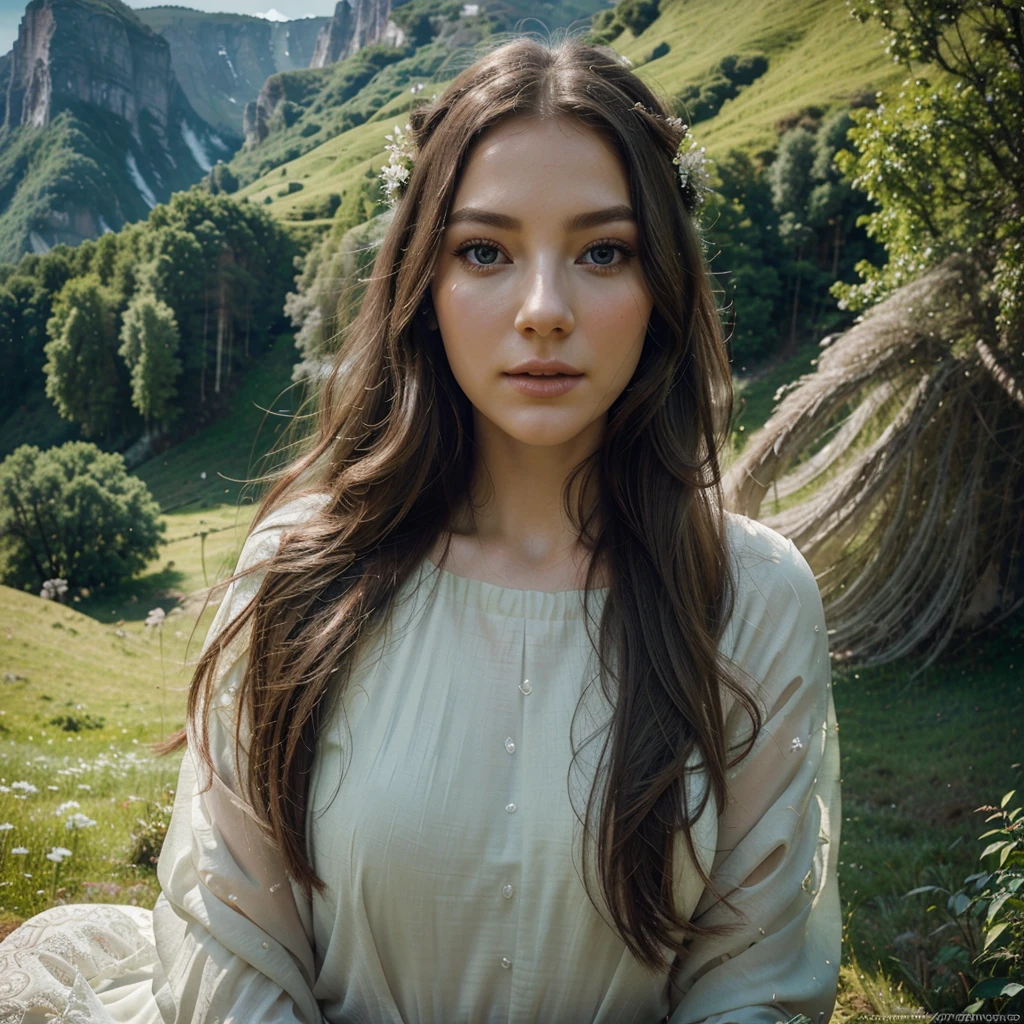a beautiful goddess, intricate detailed face, porcelain skin, flowing hair, long eyelashes, delicate features, graceful pose, radiant light, ethereal aura, lush fantasy landscape, rolling hills, towering mountains, vibrant flora, glowing atmosphere, dreamlike ambience, cinematic lighting, photorealistic, 8k, hyper detailed, masterpiece