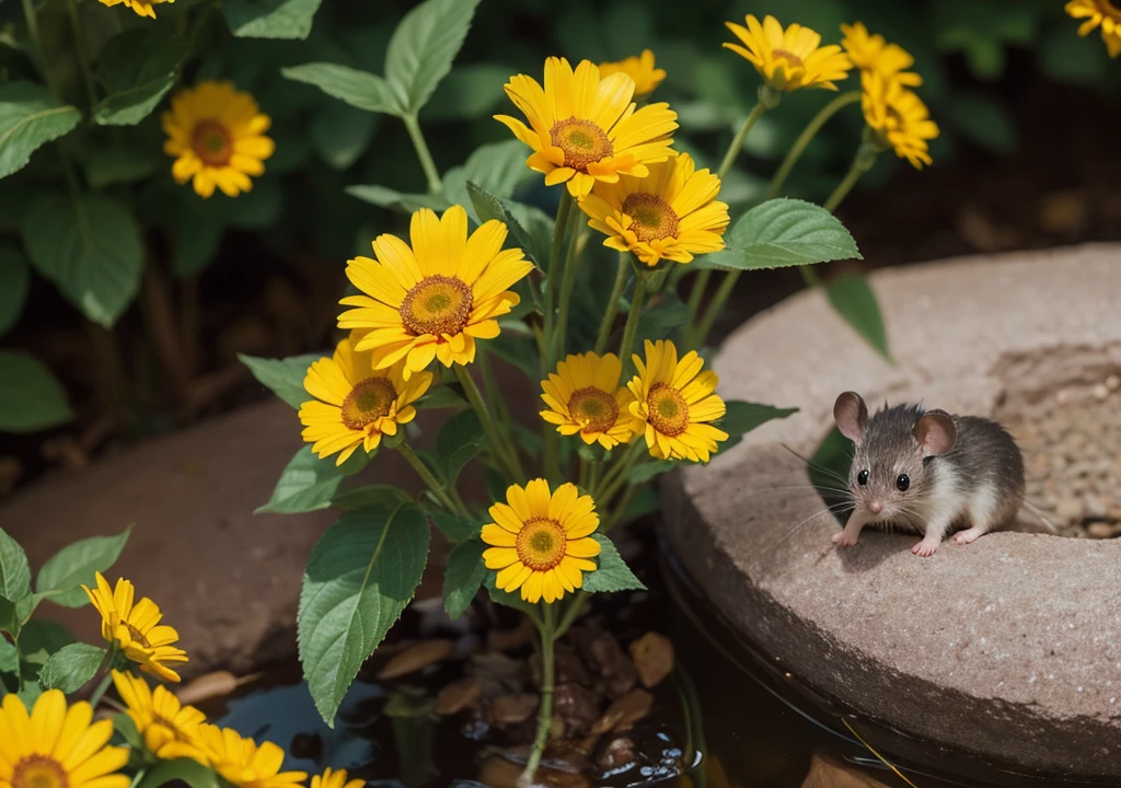 Circular design, photorealistic. 8k, close-up, a cute happy mouse with big ears, standing in a hole made of flowers. Yellow daisy flowers and red raspberries are entwined on both sides of the hole, with soft color transitions, super detailed, popular on artstation, sharp focus, complex details, very detailed, by Greg Rutkowski, movie stills, Greg Rutkowski, xxmix_cartercarter, Leonardo style.