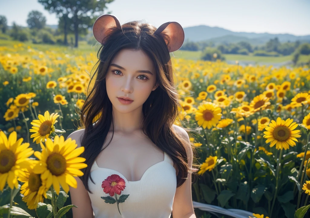 Circular design, photorealistic. 8k, close-up, a cute happy mouse with big ears, standing in a hole made of flowers. Yellow daisy flowers and red raspberries are entwined on both sides of the hole, with soft color transitions, super detailed, popular on artstation, sharp focus, complex details, very detailed, by Greg Rutkowski, movie stills, Greg Rutkowski, xxmix_cartercarter, Leonardo style.