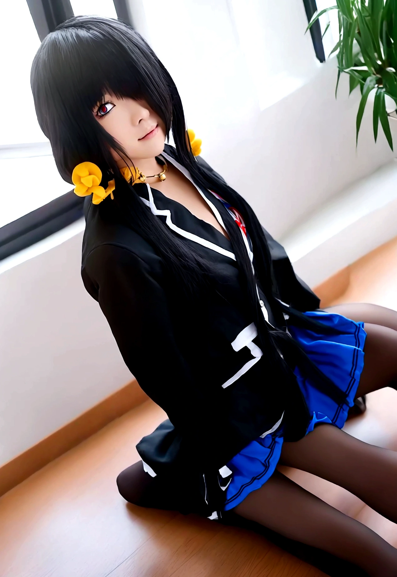 ultra-detailed,highly detailed,best quality,masterpiece,illustration,
The image is another digital artwork of an anime-style girl. She has twin ponytails and heterochromatic eyes, with one red and one yellow. She is wearing a black hoodie with cat ears and a white dress or long shirt underneath. The girl has a choker with a bell around her neck and a slightly blushing expression. She is sitting on a bed, with her knees drawn up and hands near her face, giving a shy or bashful appearance. In the background, there is a pillow with a cute, smiling cat face, and a potted plant can be seen near the window.