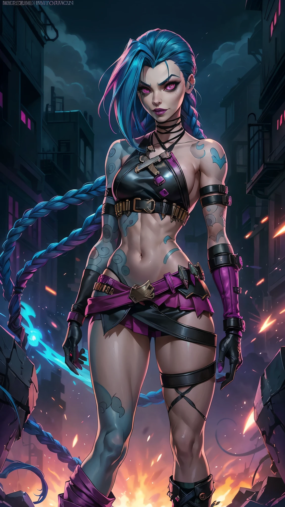 jinx arcane, uma mulher com hair blue e tatuagens, cyberpunk woman anime woman,(mini skirt pink :1.4) , pants, Beautiful angry cyberpunk goddess, cyberpunk artstyle, cyberpunk anime digital art, cyberpunk anime art, Arcane Jinx Retrato, cyberpunk anime art, cyberpunk themed art, cyberpunk dark fantasy, arcane style, 1 girl, cloud tattoo on the arm, asymmetrical bangs, bangss, hair blue, blue braids, brown shirt, cloud tattoo, sideways, hair blue, long hair, pink eyes, Red lips, standing , cloud tattoo, Twin braids. Arcane Jinx. Jinx in a burning place, spark, spheres of light, Film Poster, Jinx, Arcane\(league of legends\, Epic Fantasy Art Style HD, 4K fantasy art, epic fantasy digital art style, epic fantasy art style, Fantasy Woman, epic fantasy art portrait, Epic fantasy style, hyperrealistic fantasy art, hd fantasy art, Epic fantasy character art, epic fantasy art, in style of dark fantasy art, epic fantasy digital art, ,(Fondo de ruinas de mazmorra en ruinas:1.4 ),( face detailed :1.4), (anatomía perfecta :1.4),( iluminación cinematográfica :1.4), (Jinx League of legends:1.4) 