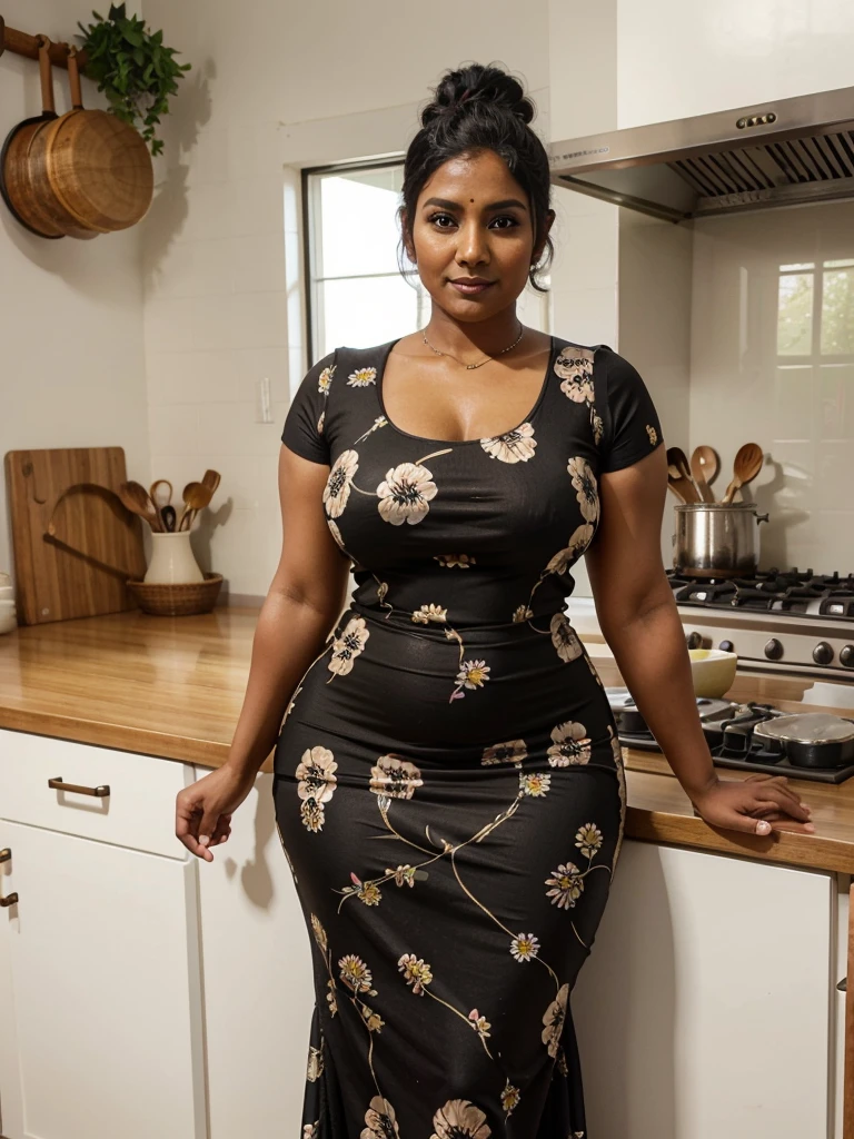 Sri lankan aunty 42 years old black skin curvy body sexy figure fat body hairbun wearing flower pattern tight long dress at kitchen