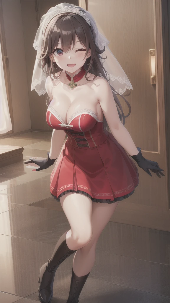 A girl,Long hair, Bangs, Red Hair, Hair between the eyes, s eyes:(1.5), (中的breast:1.2),
rest 锁骨, Wedding dress,veil,wedding,Red Dress,Flowers,The skirt is broken,Black socks,Black knee socks,Black gloves,Long boots,Cleavage,breast,,
Looking at the audience, whole body,
indoors, church,permanent,permanent,Smile,With one eye closed,
rest (masterpiece:1.2), best quality, high resolution, 8k wallpaper, (illustration:0.8), (美丽细致s eyes:1.6), Extremely detailed face, Perfect lighting, Extremely detailed CG, (Perfect hands, Perfect anatomical structure),