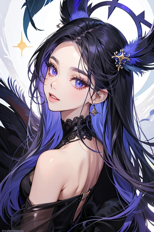 Duusu is a brilliant girl phthalo blue  She has a small pale, light grayish cerise circle on the center of her forehead and matching eyes with deep cobalt blue sclerae. Duusu's mouth is a dark magenta and contains rows of teeth on the top and the bottom. Duusu's tail, reminiscent of that of a real peacock, contains five feathers. The eyes of the feathers are brilliant orchid, with a black interior and a dark blue exterior. She also has three feathers coming out from behind her head, the central one of which is longer than those to its left and right. SPARKLE; GLITTER;