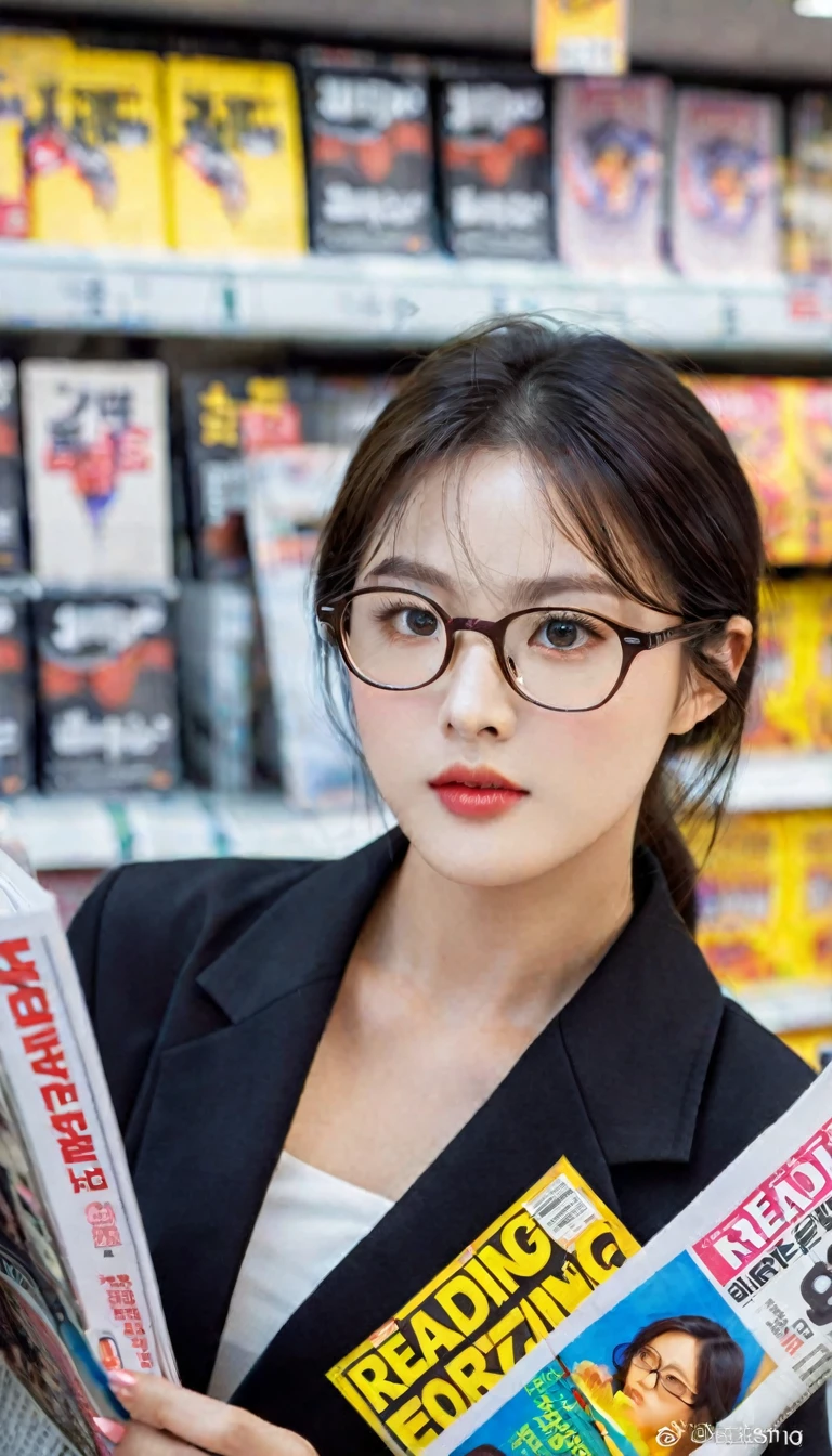 extreme close-up of beautiful korean female, 34 inch breasts size, wearing jacket, glasses, reading magazine, in the store, UHD