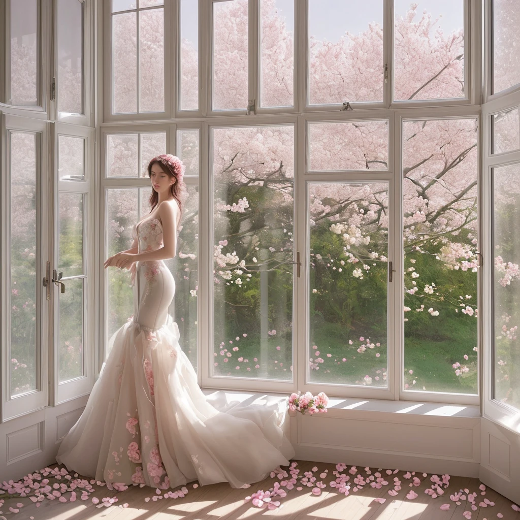 there is a realistic details room with a large window and a bunch of cherry flowers, open window ib background, photo of a beautiful window, portal made of roses, beatiful realistic backgrounds, beautiful and aesthetic realistic , the window is open, beautiful scenic realistic view, floral environment, open window, unreal engine ; romantic theme, beautiful aesthetic design, window and city background, beautiful render of a fairytale