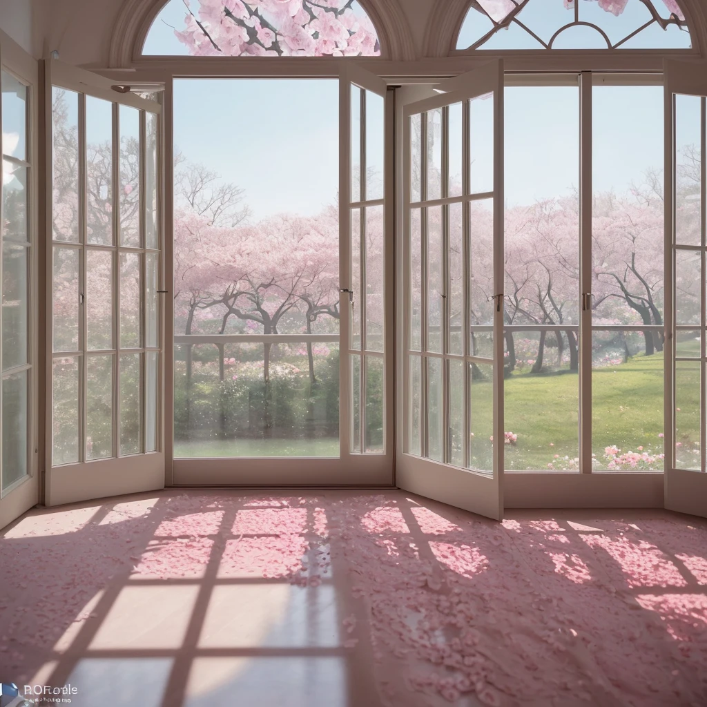 there is a realistic details room with a large window and a bunch of cherry flowers, open window ib background, photo of a beautiful window, portal made of roses, beatiful realistic backgrounds, beautiful and aesthetic realistic , the window is open, beautiful scenic realistic view, floral environment, open window, unreal engine ; romantic theme, beautiful aesthetic design, window and city background, beautiful render of a fairytale