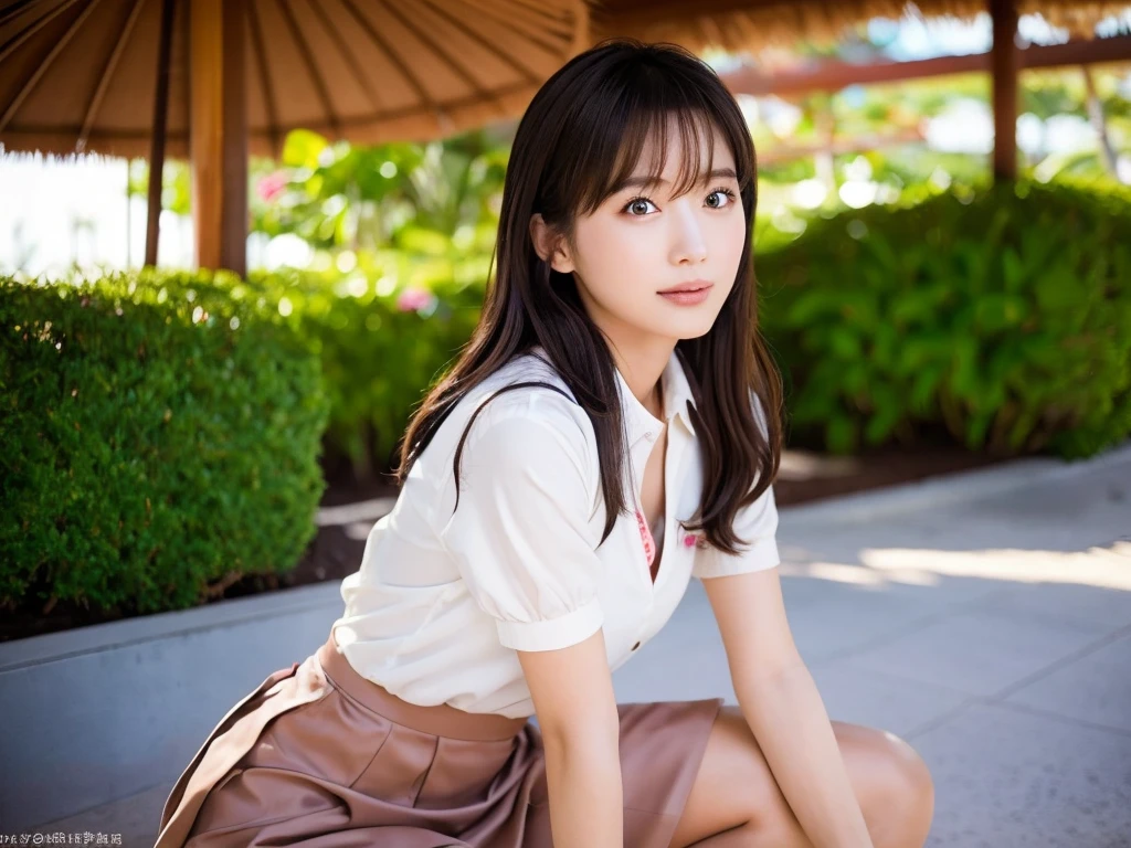 A live-action photo shoot of a very beautiful Japanese high school girl race queen highlighting her large breasts and beautiful legs at the entrance of a five-star resort hotel in Hawaii.、Wearing outfits prepared by top stylists, labia photos are taken、She is an eternal idol who combines a clean look with modern charm.。 She creates such beauty。 She feels her own warmth。 She creates a warm atmosphere。 We create beauty。 That's what I want to say。 In her full body photo、The figure features porcelain-like skin and golden hair that radiates a soft glow.。 This is probably、It captured the essence of her timeless charm.、This is the best shot ever.。 Each straight line and curve is carefully expressed.、Breathtakingly beautiful with impeccable detail。 This piece perfectly captures her timeless beauty.。 Divine Proportions、Sharp focus、Full-body photo taken by Kishin Shinoyama、high quality、High resolution、Detailed Background