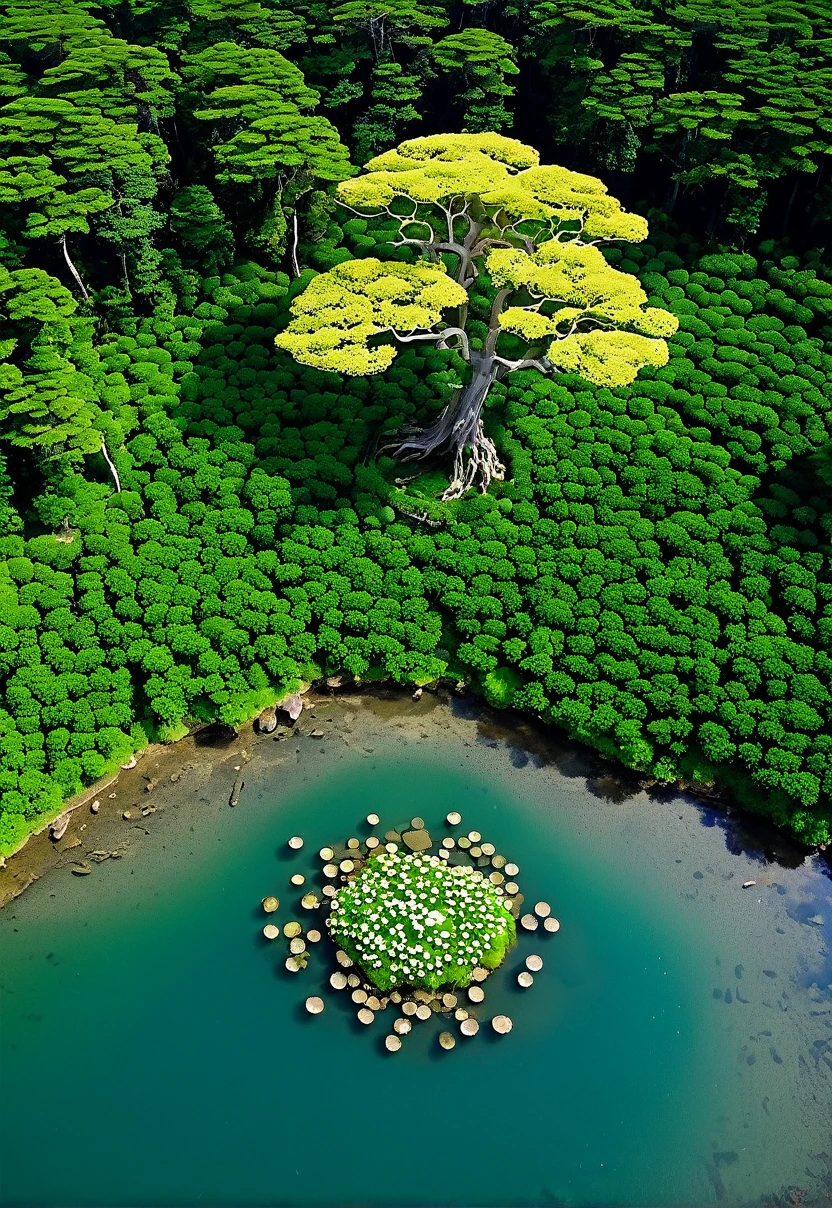 A crystal-clear river meanders through the forest, its banks adorned with wildflowers and luminescent mushrooms. In the middle of the river, there is a floating island covered by a single giant and ancient bonsai