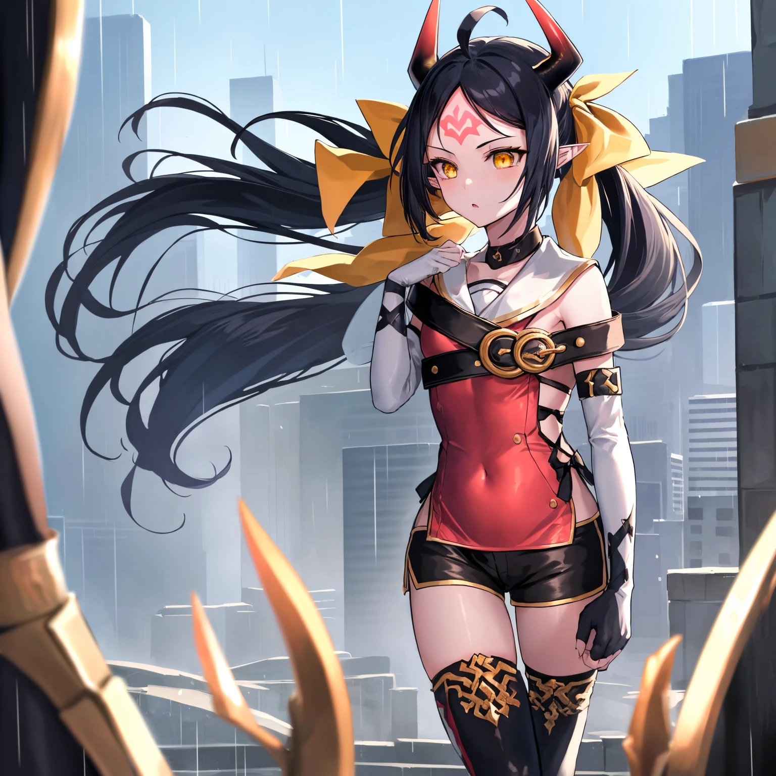 masterpiece, best quality, 1girl, solo, dsaravi, :(, black hair, yellow eyes, pointy ears, very long hair, twintails, ahoge, horns, forehead mark, hair ribbon, red tabard, chest belt, elbow gloves, thighhigh boots, black shorts, small breasts, standing, outdoors, city, weather, rain, look up, cowboy shot