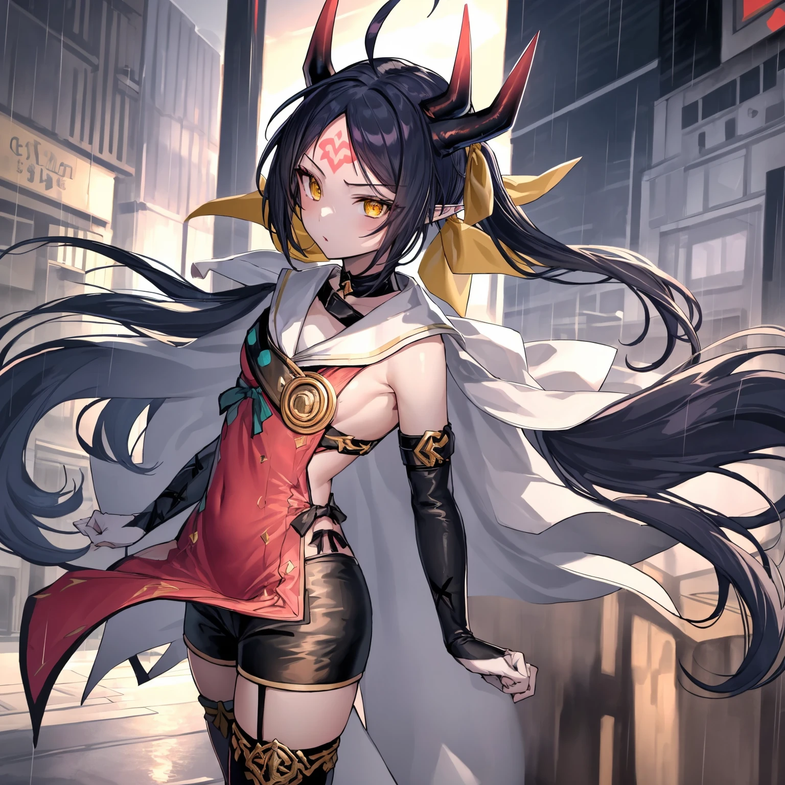 masterpiece, best quality, 1girl, solo, dsaravi, :(, black hair, yellow eyes, pointy ears, very long hair, twintails, ahoge, horns, forehead mark, hair ribbon, red tabard, chest belt, elbow gloves, thighhigh boots, black shorts, small breasts, standing, outdoors, city, weather, rain, look up, cowboy shot
