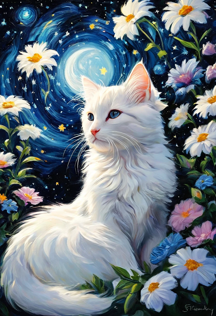 and fluffy white kitten, Flowers, Sleep, Long black hair, night, Starry Sky