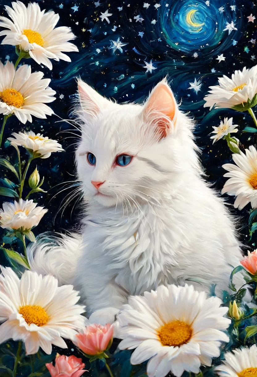 and fluffy white kitten, Flowers, Sleep, Long black hair, night, Starry Sky