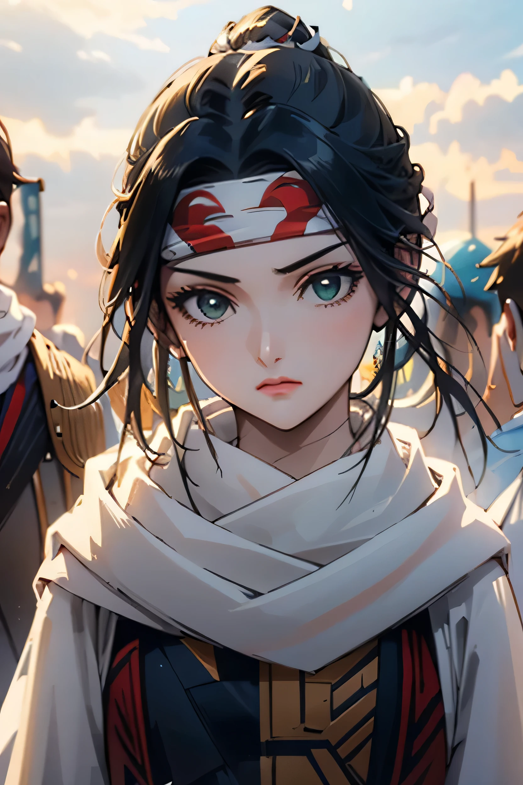 ((masterpiece、Highest quality、Super detailed))、1 girl、solo、scarf、head band、arms、Best Quality、Black Hair、Braid、ponytail、Green Eyes、Headband、Upper Body、looking at the camera、grassland