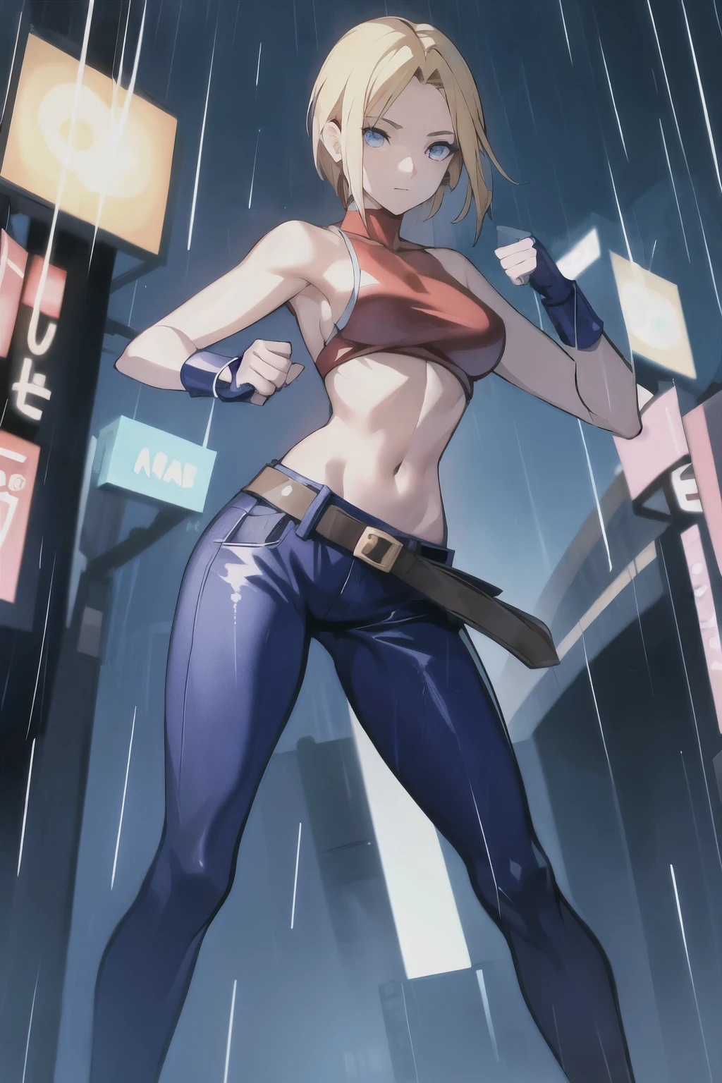 maryms,Best Quality,(beauty),masterpiece,  1girl,phisically-based render ,ultra highres,narrow waist, skinny,big eyes,long legs,(small breasts),puffy eyes, night,(rainy city), shiny skin, facing viewer, fighting stance, (make a fist),firm expression,