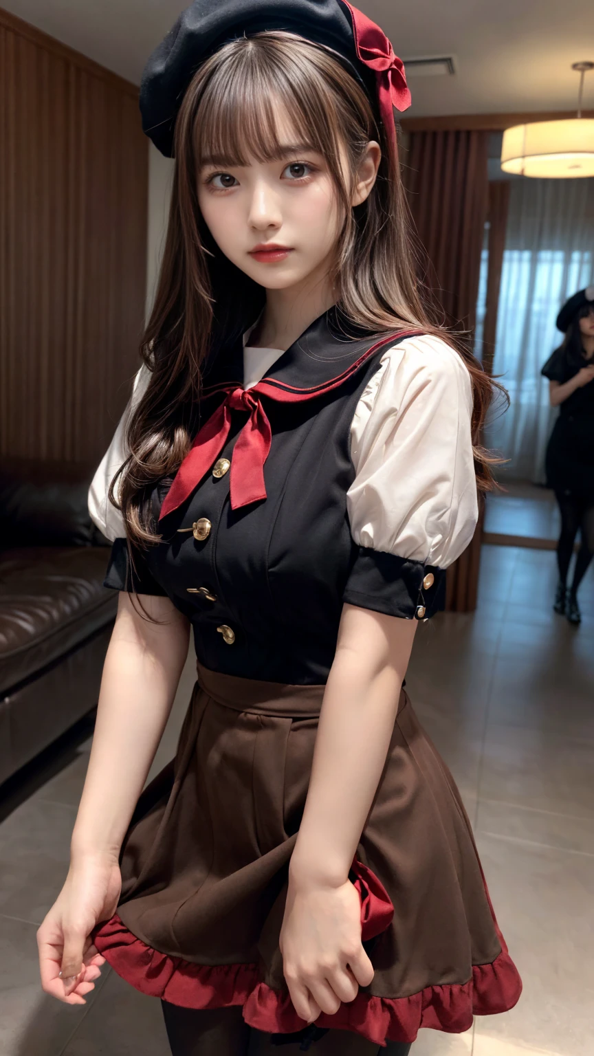 (absurdres:1.3), (highres:1.3), (ultra detailed:1.3),(1girl:1.3), (extremely detailed CG unity 8k wallpaper:1.3), (detailed skin texture, detailed cloth texture, detailed hair texture), (beautiful detailed face, supermodel, pale skin, realistic glistening skin), (RAW photo, best quality), (realistic, photo-realistic:1.4), masterpiece, extremely delicate and beautiful,Amazing, finely detail, extremely detailed CG unity 8k wallpaper, huge filesize, ultra-detailed, highres, absurdres, soft light,rim light, vibrant details, hotel room, straight hair, large breasts, black hair color, Big Natural Color Lip, (perfect body shape), beautiful legs, BREAK (black and red theme:1.4), (black sundress:1.5), (black sailor collar:1.4), ((short sleeve, bishop-sleeve):1.3), (black beret with white ribbon:1.4), (red tie:1.3), (double-breasted on (dress, skirt):1.3), ((red ribbon, white large-button):1.3), (red line on dress:1.2),
BREAK ((dark-brown pantyhose, loafers):1.2), crying a little、Harajuku style、20 year old girl、cute type、ta、
