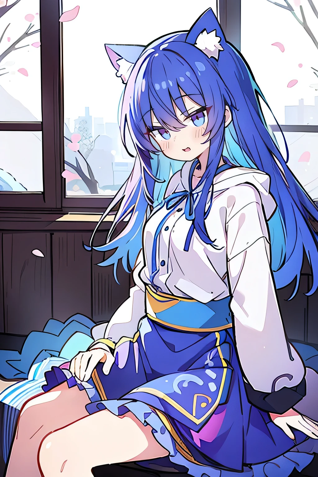 (masterpiece:1.2),Super detailed,lifelike,Expressive eyes,fair skin,perfect face shape,1 girl,
Japanese comics,Gorgeous blue hair,flowing blue hair,flowing clothes,Cat ears,Petals fall,beautiful lola,Baby Angel,
Shaking head with one hand,Cross your legs,Gentle and peaceful background,The pavilion is cool and comfortable,smile, wearing hoodie, In front of the window,snowing