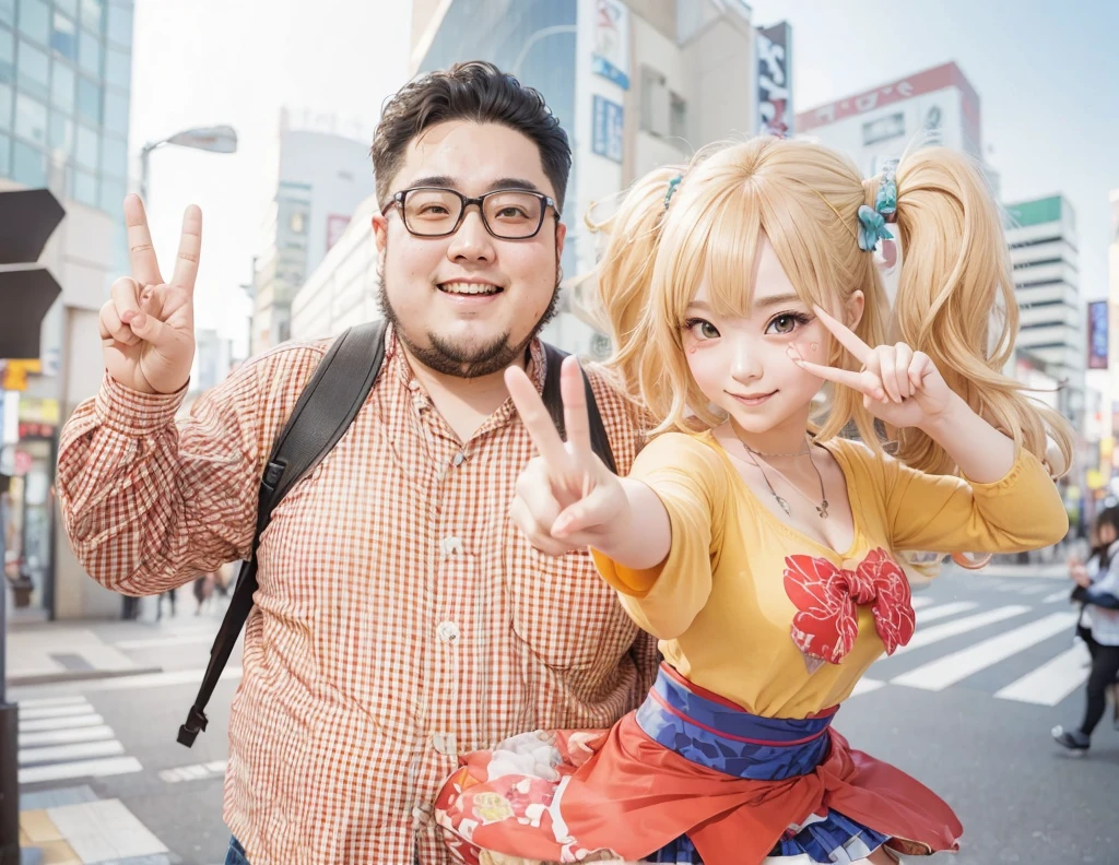 A very fat Japanese otaku and a gal making peace signs photograph Akihabara