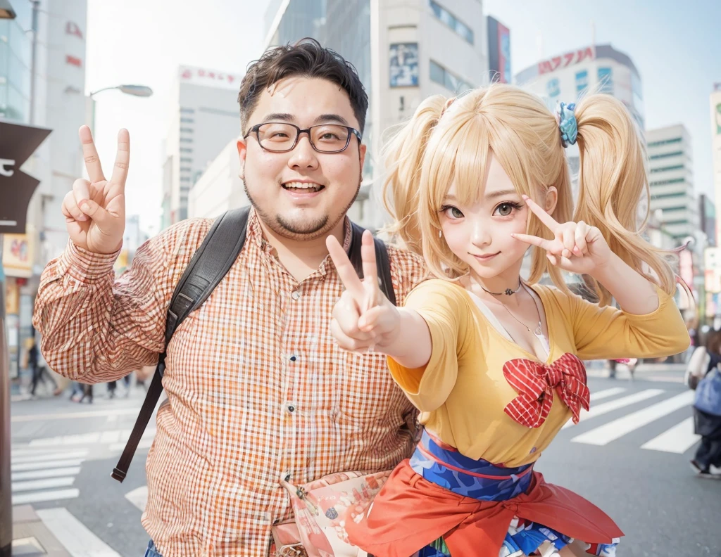 A very fat Japanese otaku and a gal making peace signs photograph Akihabara