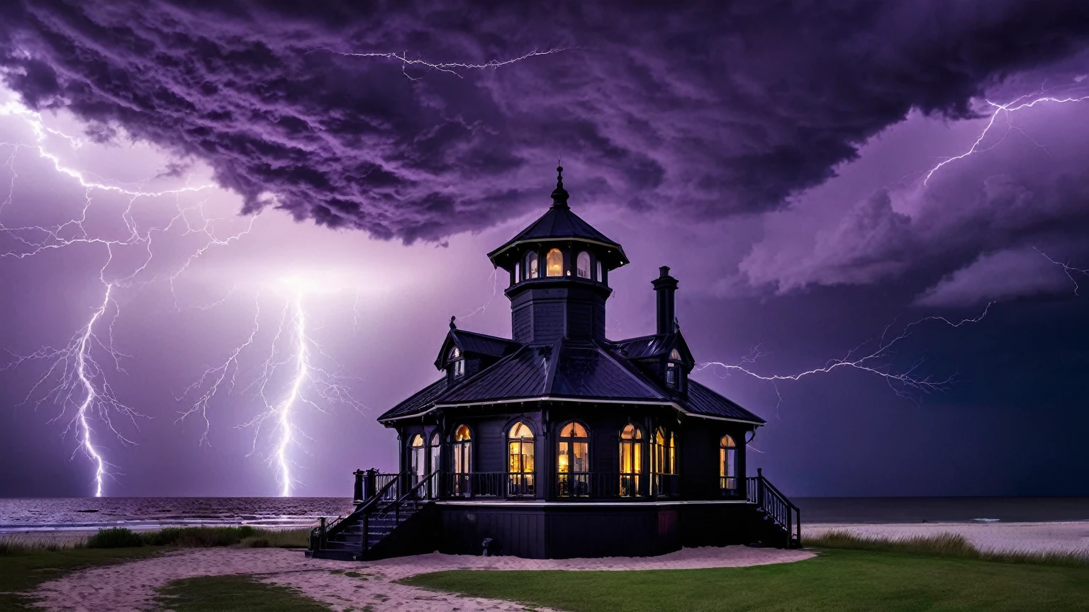 darkest atmosphere, dark purple & black storm clouds during the night, darkness, lightning, panoramic façade of a black traditional beach house with octagonal turret & octagonal cupola on top of roof, background