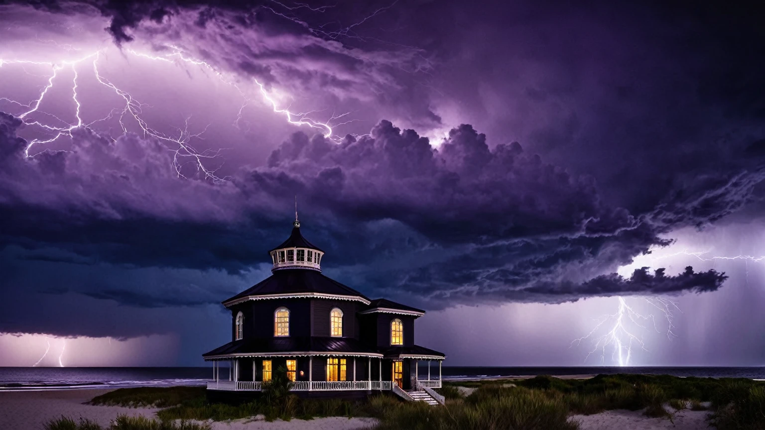 darkest atmosphere, dark purple & black storm clouds during the night, darkness, lightning, panoramic façade of a black traditional beach house with octagonal turret & octagonal cupola on top of roof, background