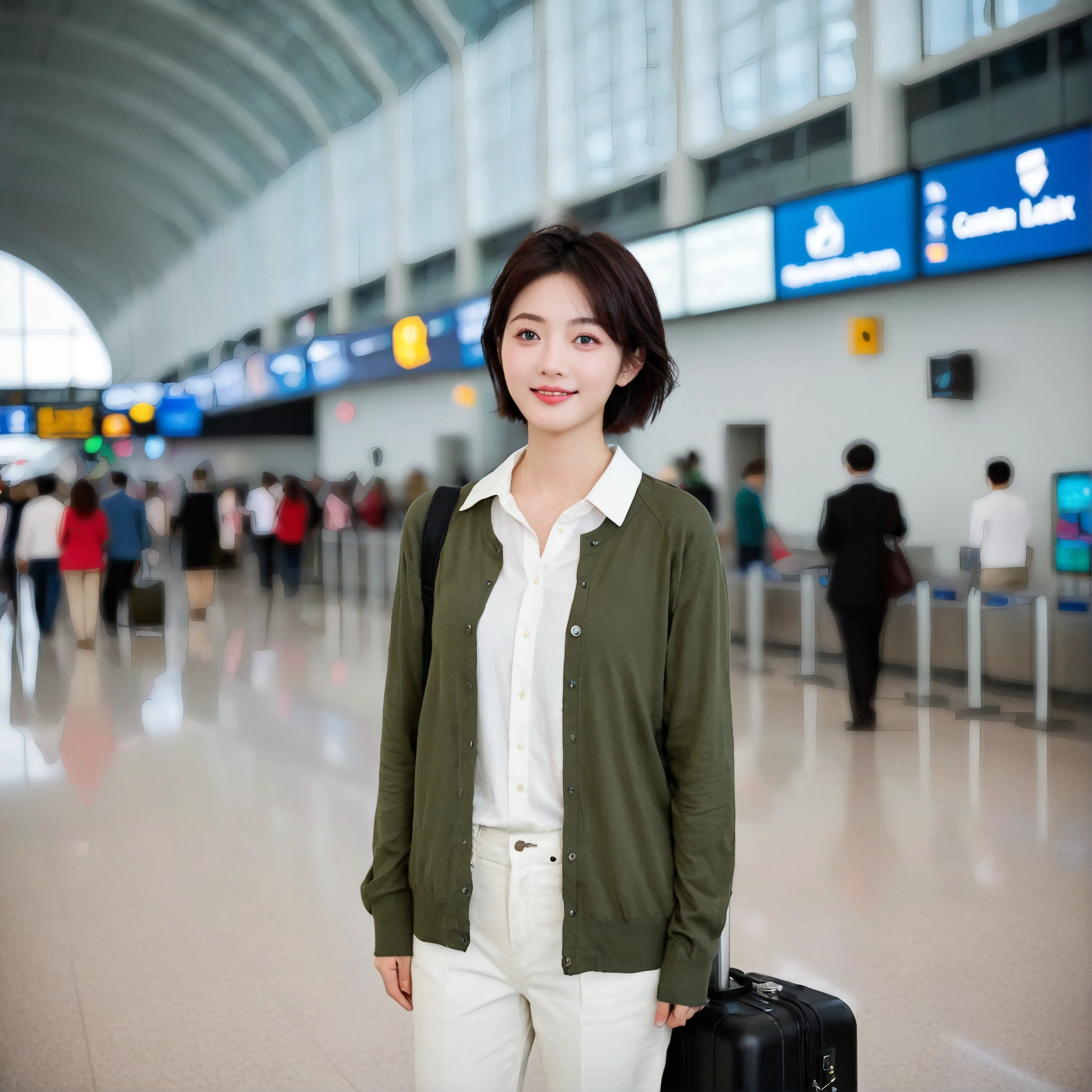 beautiful korean girl , 32 inch chest size, Your eyes are big and pretty. Short in stature. Standing in the departure hall of the airport. . short medium hair, Standing in line at the departure hall of Frankfurt Airport, Germany. He wore a white shirt, a green jumper, and white casual pants.s.Dragging a suitcase. short medium hair, short height, Full body shot with Canon camera 16-35 wide angle lens, short medium hair. expressionless, full body shot, perfect fingers, Make the airport electronic display visible, 멀리 full body shot, uhd