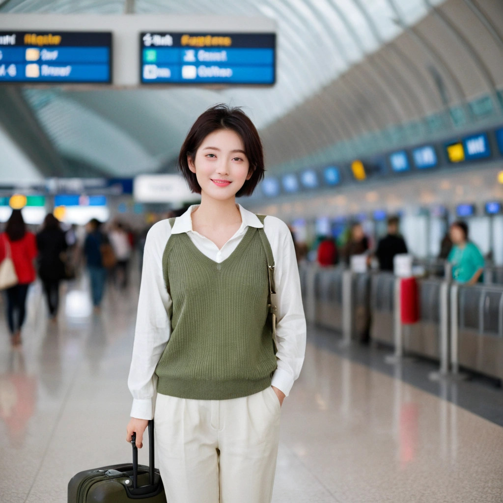 beautiful korean girl , 32 inch chest size, Your eyes are big and pretty. Short in stature. Standing in the departure hall of the airport. . short medium hair, Standing in line at the departure hall of Frankfurt Airport, Germany. He wore a white shirt, a green jumper, and white casual pants.s.Dragging a suitcase. short medium hair, short height, Full body shot with Canon camera 16-35 wide angle lens, short medium hair. expressionless, full body shot, perfect fingers, Make the airport electronic display visible, 멀리 full body shot, uhd