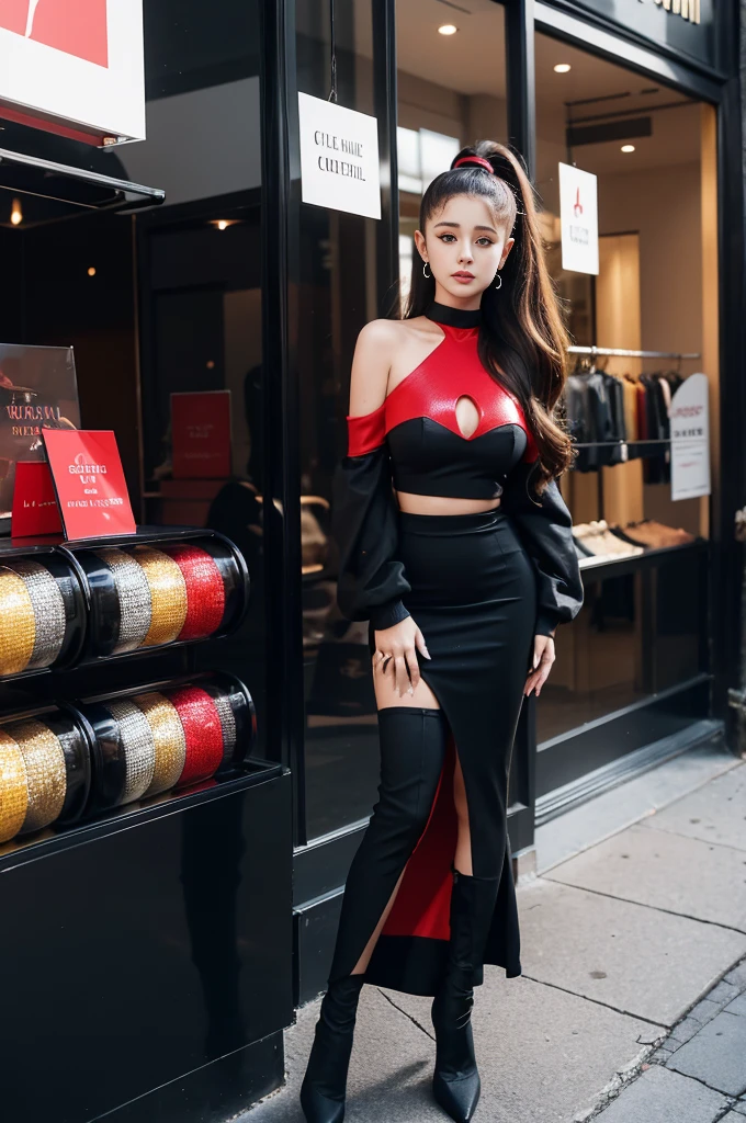 Ariana Grande , wearing a tight, red and black sequined dress by CadetBlue, long sleeves and an off-the-shoulder neckline, standing confidently, strong posture, eyes looking in front of a high-end fashion store,