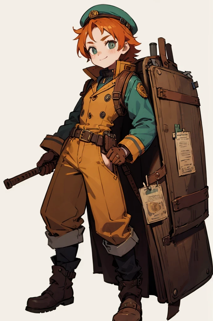 1.steampunk,15 years old,Orange Hair,Goggles on the forehead,hat,A fake smile,gloves,whole body,boots,pants,White background