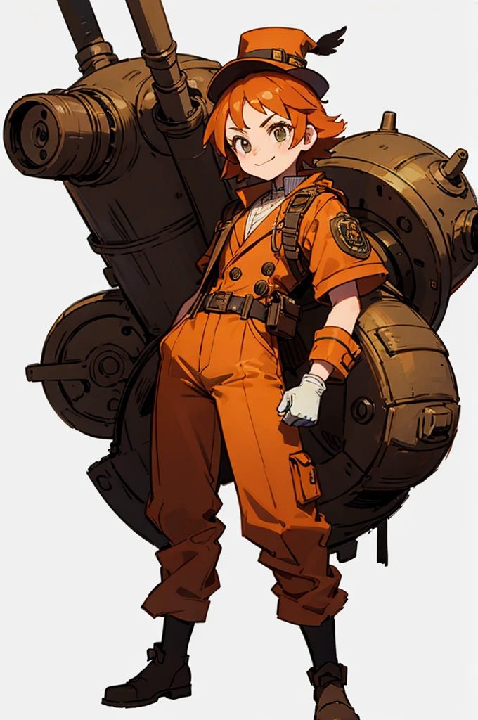 1.steampunk,,Orange Hair,Goggles on the forehead,hat,A fake smile,gloves,whole body,boots,pants,White background