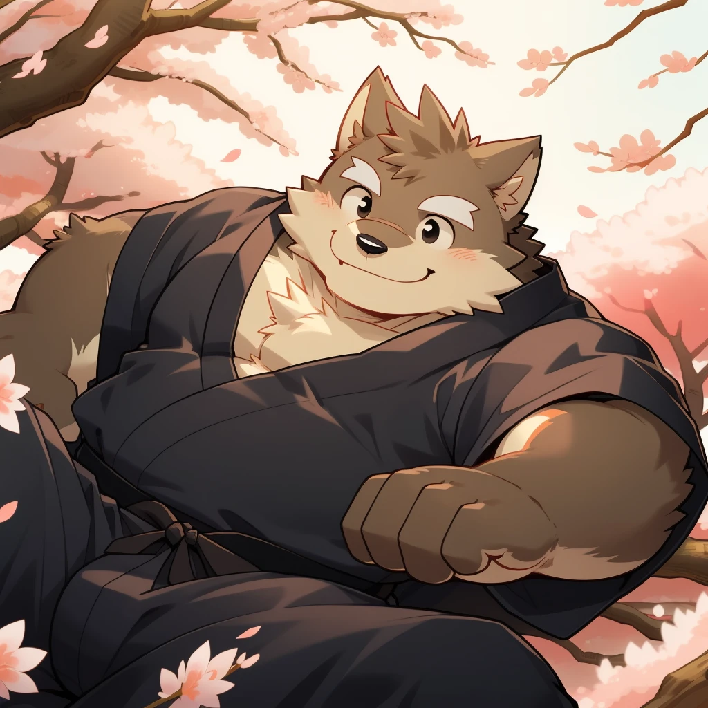 Scribble 黑色柴dog face,Cute face,Humanity(dog),(Black Kimono:1.3),Chubby,(White eyebrows:1.1),(Perfect black eyes),(artist:Takemoto Arashi),(Bulging buttocks),Cherry blossoms,Lying position,Smile,Wolf Tail。