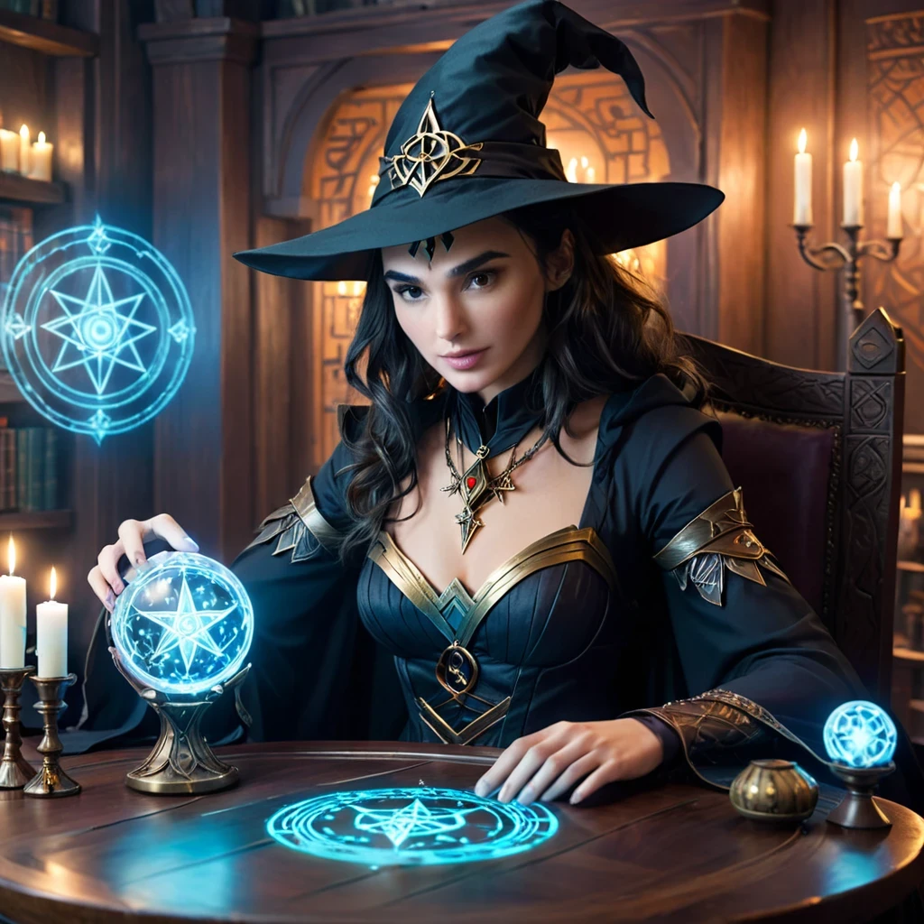 depicts a modern-day witch (Gal Gadot) who has embraced the world of cybernetics to enhance her magical abilities. The artwork should convey the enchanting blend of traditional witchcraft and futuristic technology. Here are some specific elements to include: The Witch's Lair: The setting should be a cozy yet slightly eerie room, filled with magical books, crystal balls, potion ingredients, and antique furnishings. The room should be dimly lit by candles and a soft, mystical glow emanating from her cybernetic enhancements. The Cyborg Witch: The central focus of the artwork is the witch herself. She's a striking figure with a mix of traditional witch attire and cybernetic enhancements. Her clothing should have a witchy, occult aesthetic, with flowing robes, a pointed hat, and an intricate pentagram necklace. Her arms, however, have been upgraded with cybernetic components that incorporate magical symbols and glowing runes. Magical Interface: The witch is in the midst of casting a spell, with a holographic, touch-screen interface floating before her. This interface includes spell incantations, arcane symbols, and digital components, demonstrating her fusion of magic and technology. Spell Ingredients: On a nearby table, there should be a collection of spell ingredients, like herbs, potions, and magical artifacts. Some of these items may have been modified with cybernetic enhancements, blurring the line between the natural and the technological. Familiar: The witch's familiar, perhaps a cat or raven, should be present in the scene, serving as her magical companion. The familiar could also have subtle cybernetic enhancements or glowing eyes. Glowing Runes: The room should be adorned with ancient symbols and glowing runes on the walls and floor, contributing to the magical atmosphere. Aetherial Lighting: Use a combination of mystical, ethereal lighting and cybernetic glows to create a captivating interplay of light and shadow. The contrast between the tradit