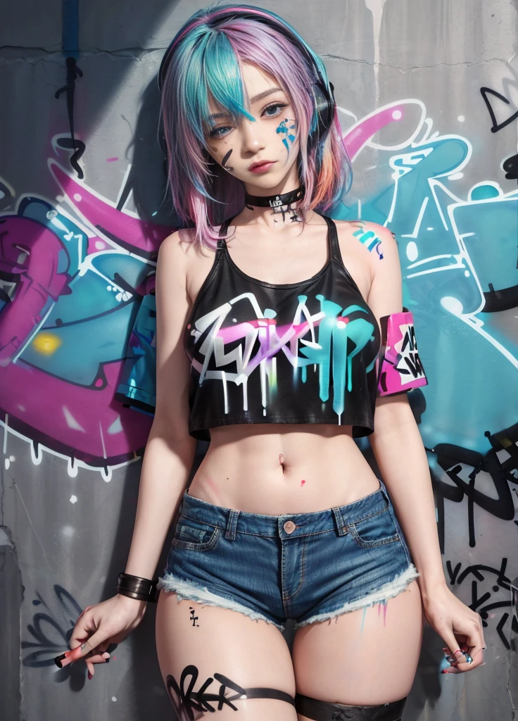 masterpiece, best quality, 1girl, solo, crop top, denim shorts, choker, (graffiti:1.5), paint splatter, arms behind back, against wall, looking at viewer, armband, thigh strap, paint on body, head tilt, bored, multicolored hair, aqua eyes, headset,