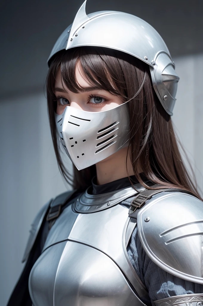 A female knight in white armor with her face covered by a helmet
