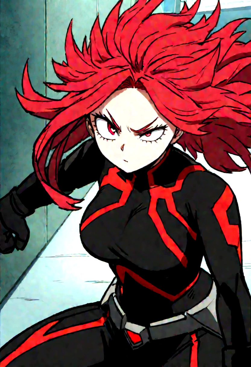 Screenshot from anime boku no hero academia: Teenage anime girl with dominant personality, tall, 1.70 tall, long messy red hair, small very slanted bright ruby eyes, with a small scar near her left eye, using her Black hero suit with red lines, annoyingly ready to fight.