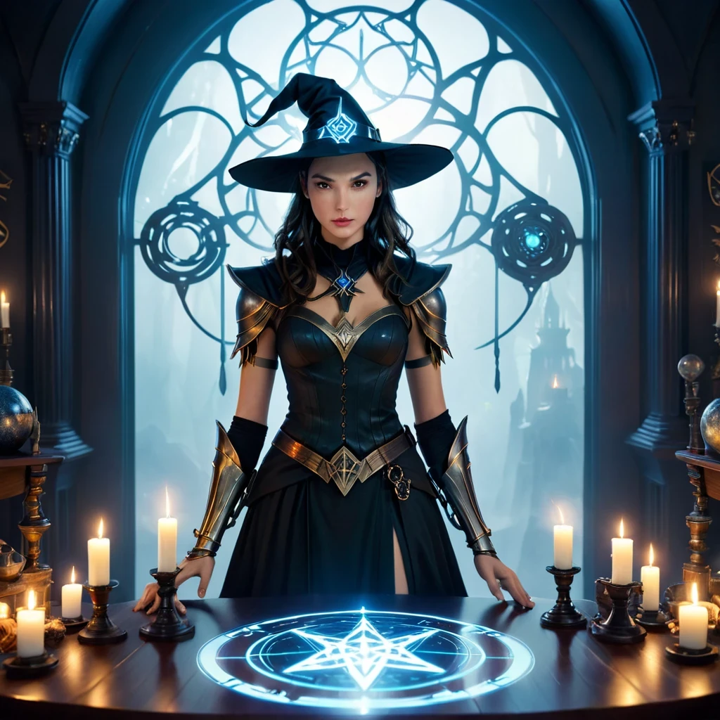 depicts a modern-day witch (Gal Gadot) who has embraced the world of cybernetics to enhance her magical abilities. The artwork should convey the enchanting blend of traditional witchcraft and futuristic technology. Here are some specific elements to include: The Witch's Lair: The setting should be a cozy yet slightly eerie room, filled with magical books, crystal balls, potion ingredients, and antique furnishings. The room should be dimly lit by candles and a soft, mystical glow emanating from her cybernetic enhancements. The Cyborg Witch: The central focus of the artwork is the witch herself. She's a striking figure with a mix of traditional witch attire and cybernetic enhancements. Her clothing should have a witchy, occult aesthetic, with flowing robes, a pointed hat, and an intricate pentagram necklace. Her arms, however, have been upgraded with cybernetic components that incorporate magical symbols and glowing runes. Magical Interface: The witch is in the midst of casting a spell, with a holographic, touch-screen interface floating before her. This interface includes spell incantations, arcane symbols, and digital components, demonstrating her fusion of magic and technology. Spell Ingredients: On a nearby table, there should be a collection of spell ingredients, like herbs, potions, and magical artifacts. Some of these items may have been modified with cybernetic enhancements, blurring the line between the natural and the technological. Familiar: The witch's familiar, perhaps a cat or raven, should be present in the scene, serving as her magical companion. The familiar could also have subtle cybernetic enhancements or glowing eyes. Glowing Runes: The room should be adorned with ancient symbols and glowing runes on the walls and floor, contributing to the magical atmosphere. Aetherial Lighting: Use a combination of mystical, ethereal lighting and cybernetic glows to create a captivating interplay of light and shadow. The contrast between the tradit
