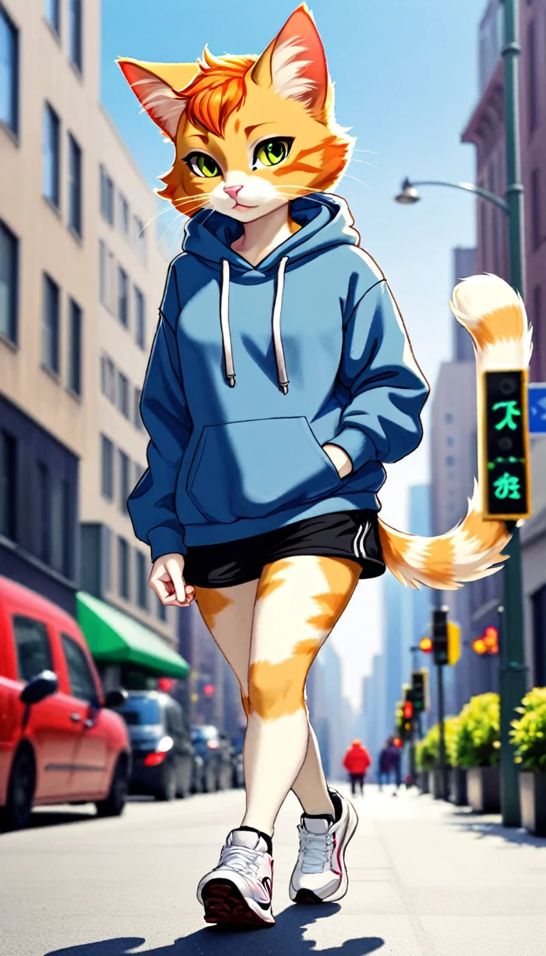 A beautiful antrophy of ginger cat wearing beautiful hoodies walking in a city