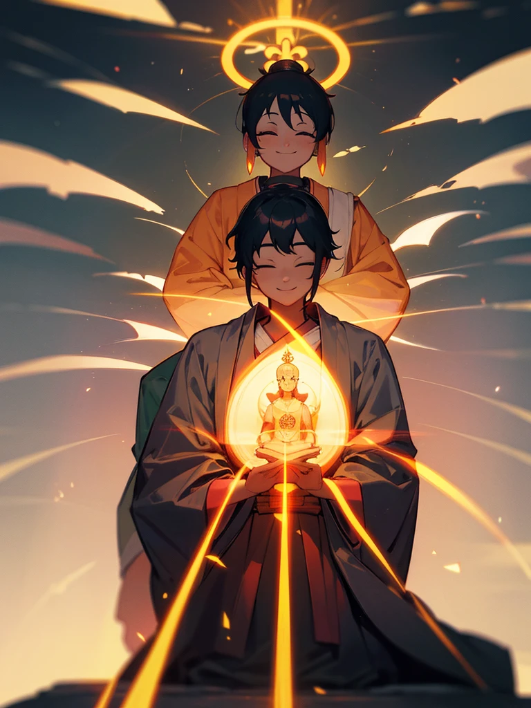 Amitabha Buddha smiling eyes closed zazen halo black hair hands together