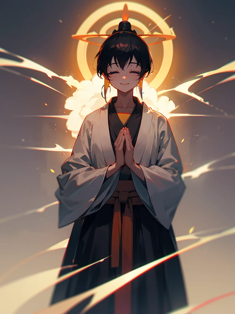 Amitabha Buddha smiling eyes closed zazen halo black hair hands together